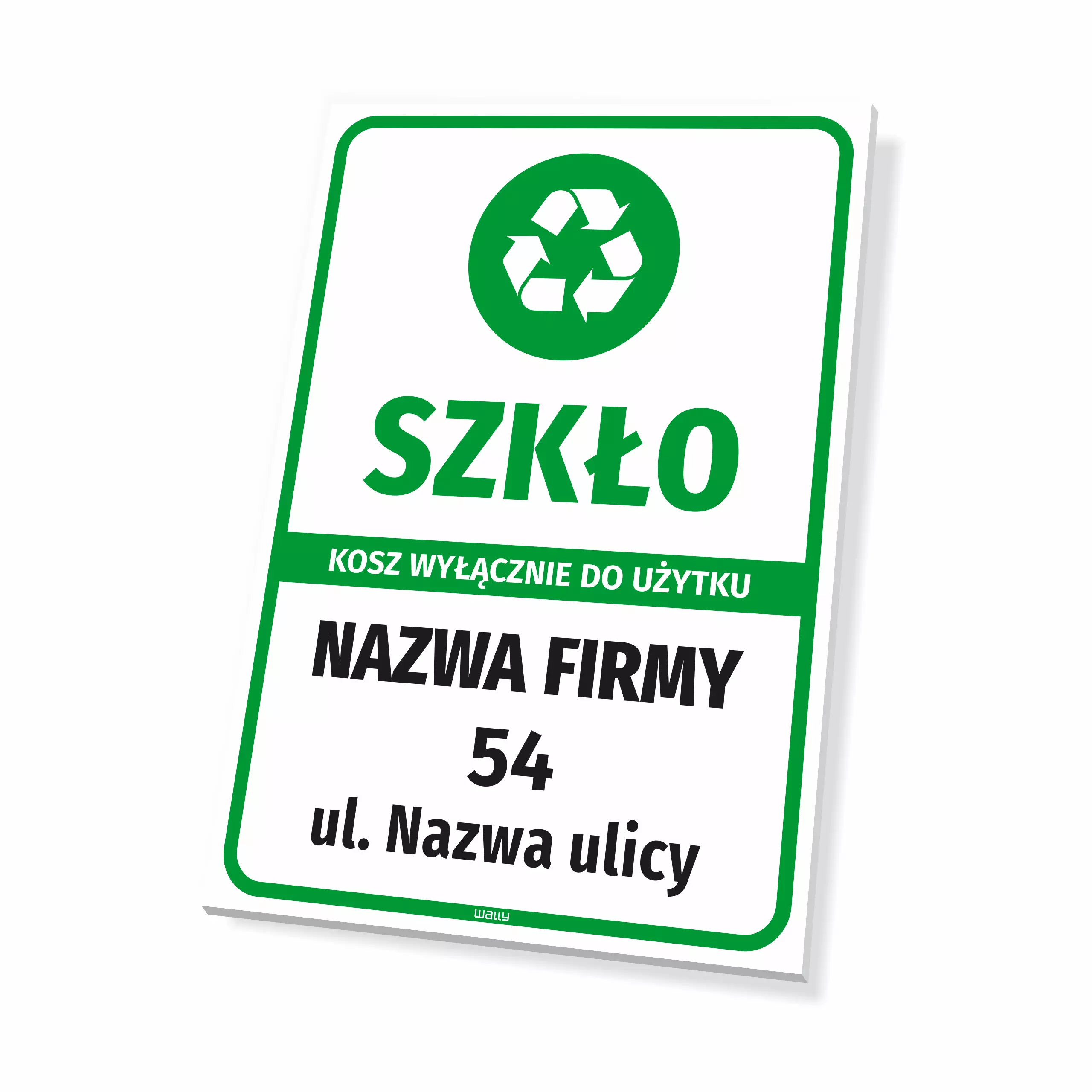 Tabliczka na kosz do szkła z nazwą firmy i adresem