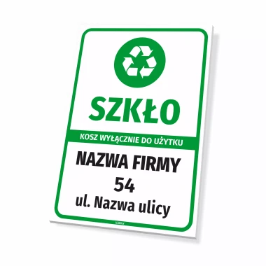 Tabliczka na kosz do szkła z nazwą firmy i adresem