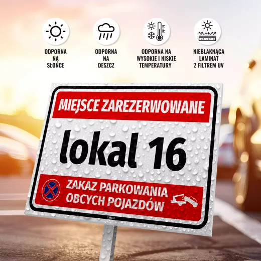 Infografika z tabliczką Miejsce zarezerwowane Zakaz parkowania obcych pojazdów z ikonami odporności na pogodę