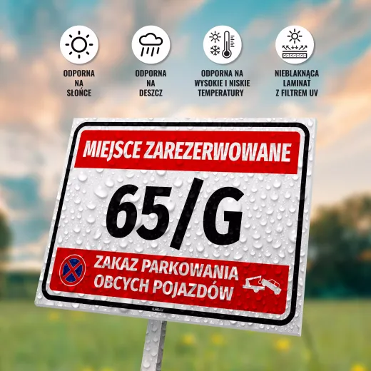 Tabliczka Miejsce zarezerwowane Zakaz parkowania obcych pojazdów z przykładowym numerem i ikonami odporności