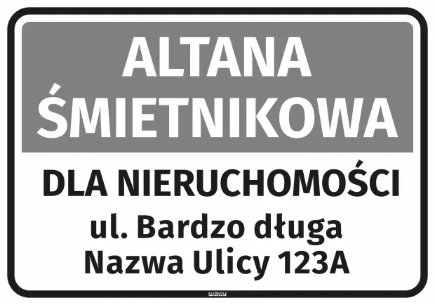 Naklejka: altana śmietnikowa dla nieruchomości wraz z ulicą i numerem
