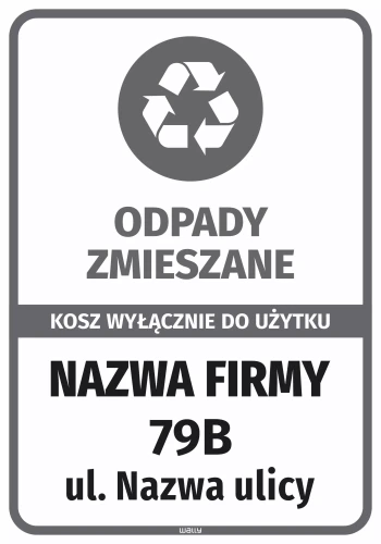 Naklejka na kosz - odpady zmieszane wyłącznie do użytku z nazwą firmy i adresem