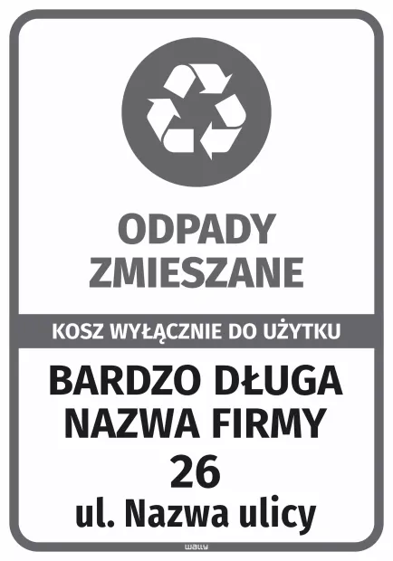Naklejka na kosz - odpady zmieszane wyłącznie do użytku z nazwą firmy i adresem