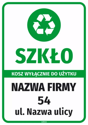 Naklejka na kosz - szkło wyłącznie do użytku z nazwą firmy i adresem