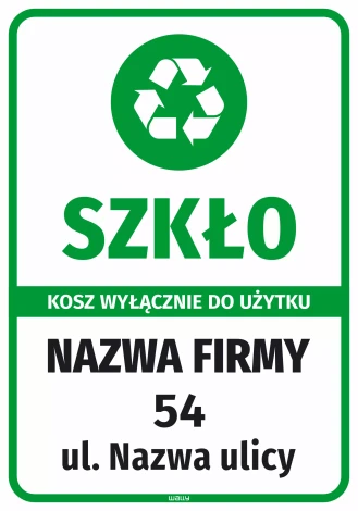 Naklejka na kosz - szkło wyłącznie do użytku z nazwą firmy i adresem