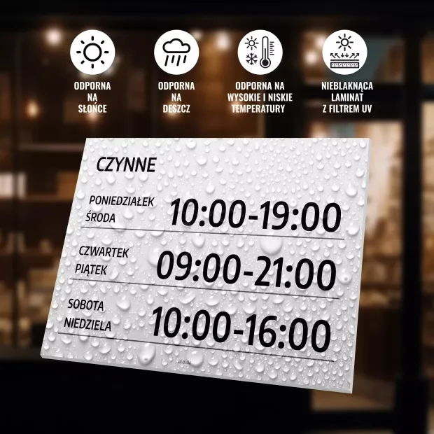 Tabliczka Czynne z godzinami i dniami otwarcia