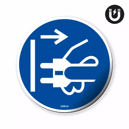 Magnes z nadrukiem okrągłego znaku nakazu odłączenia urządzenia od sieci elektrycznej na białym tle