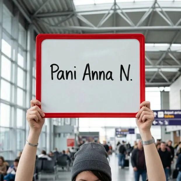 Tabliczka suchościeralna w czerwonej ramce z przykładowym napisem Pani Anna N. trzymana w dłoniach na lotnisku