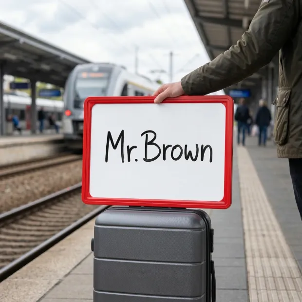 Tabliczka suchościeralna w czerwonej ramce z napisem Mr. Brown trzymana na peronie kolejowym obok walizki