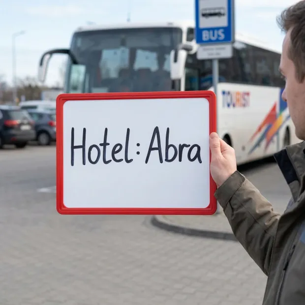 Tabliczka suchościeralna w czerwonej ramce z napisem Hotel: Abra trzymana w dłoni na dworcu autobusowym