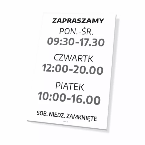 Tabliczka zapraszamy - godziny otwarcia