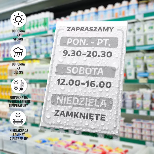 Tabliczka Zapraszamy - z godzinami otwarcia