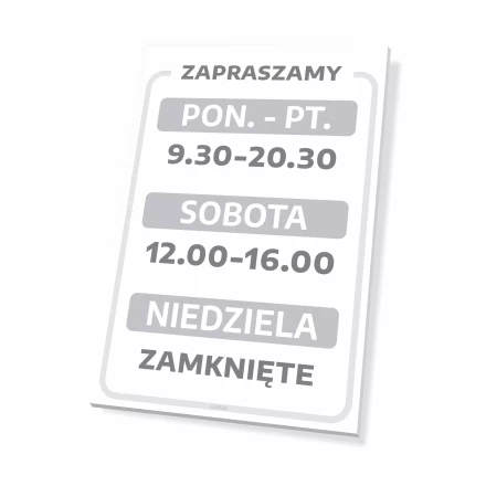 Tabliczka - zapraszamy, z godzinami