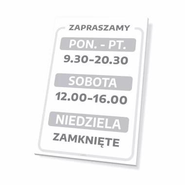 Tabliczka Zapraszamy - z godzinami otwarcia