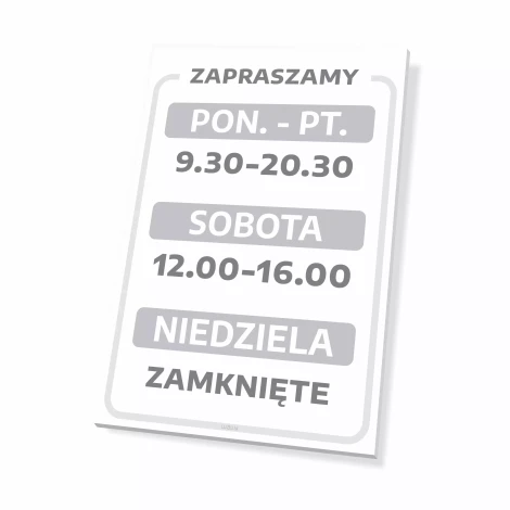 Tabliczka - zapraszamy, z godzinami