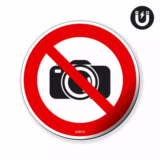 Prostokątny znak magnetyczny na białym tle z nadrukiem okrągłego symbolu zakazu fotografowania