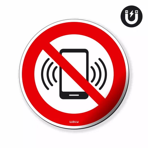 Prostokątny magnes z przykładowym nadrukiem okrągłego znaku zakazu używania telefonów komórkowych