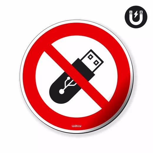 Znak magnetyczny z nadrukiem zakazu wnoszenia nośników USB, przedstawiony na białym tle z ikoną magnesu
