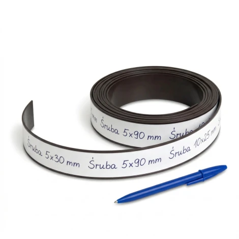 Taśma magnetyczna do znakowania regałów 5 mb - Wzór graficzny. Ciemnobrązowa taśma z białą etykietą, gładka i prosta