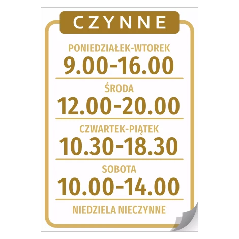 Naklejka na drzwi - czynne, godziny, dni
