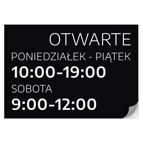 Naklejka na drzwi - Otwarte  wraz z dniami i godzinami handlu