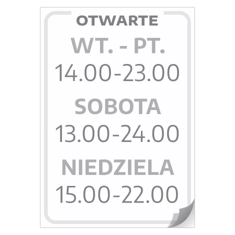 Naklejka na drzwi - otwarte wraz z godzinami i dniami