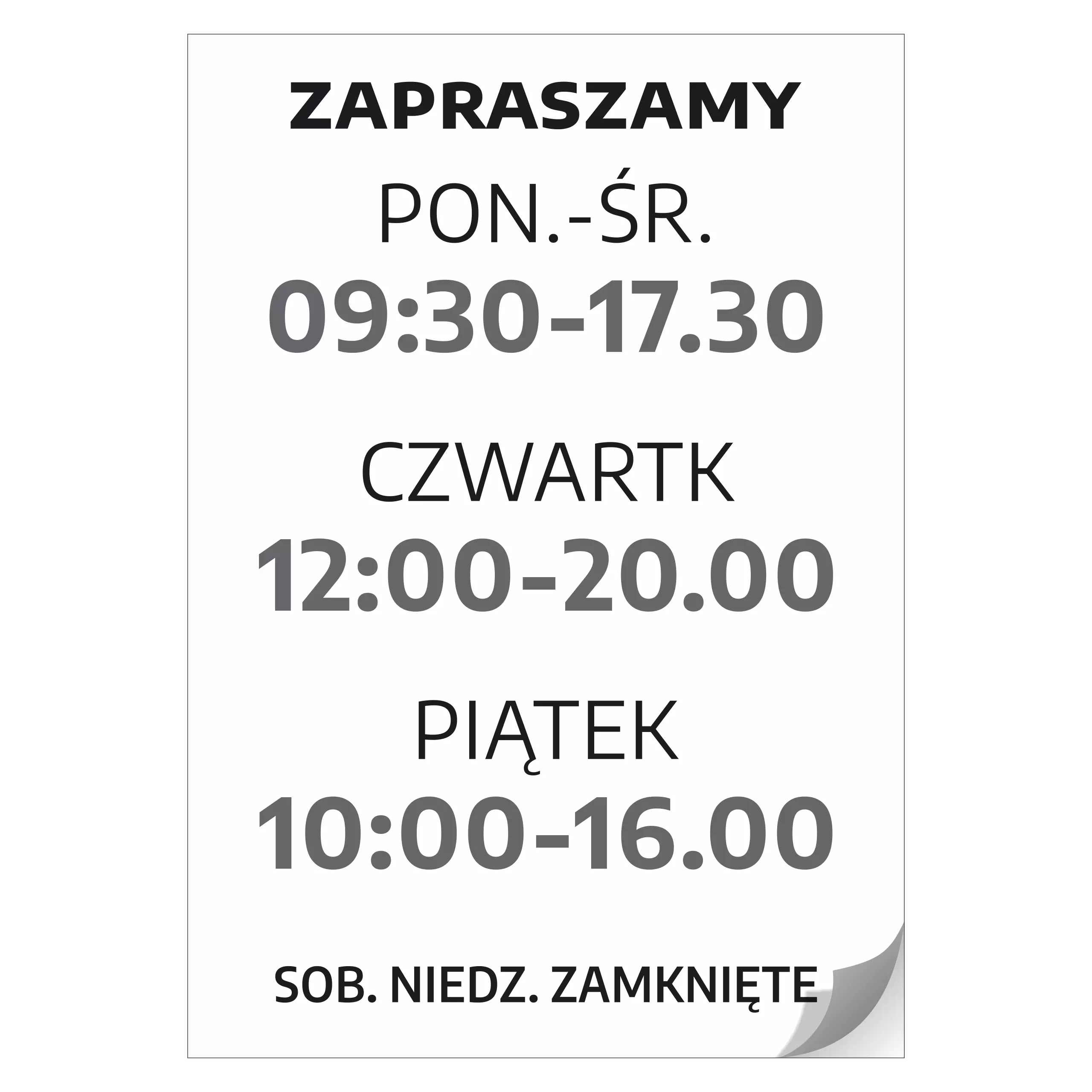 Naklejka z godzinami otwarcia - zapraszamy