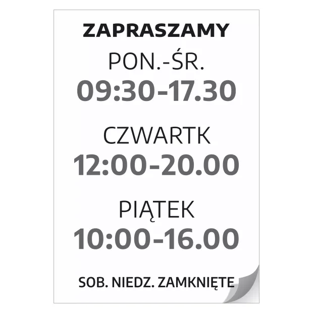 Naklejka z godzinami otwarcia - zapraszamy