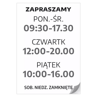 Naklejka z godzinami otwarcia - zapraszamy