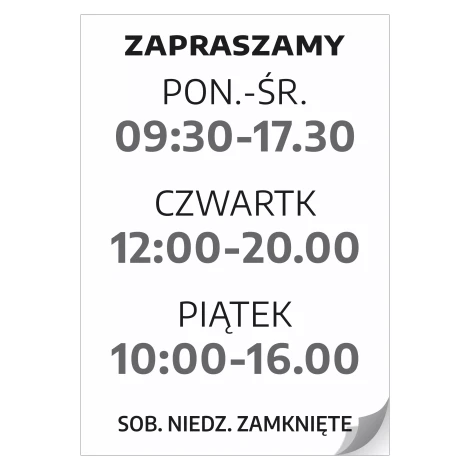Naklejka z godzinami otwarcia - zapraszamy