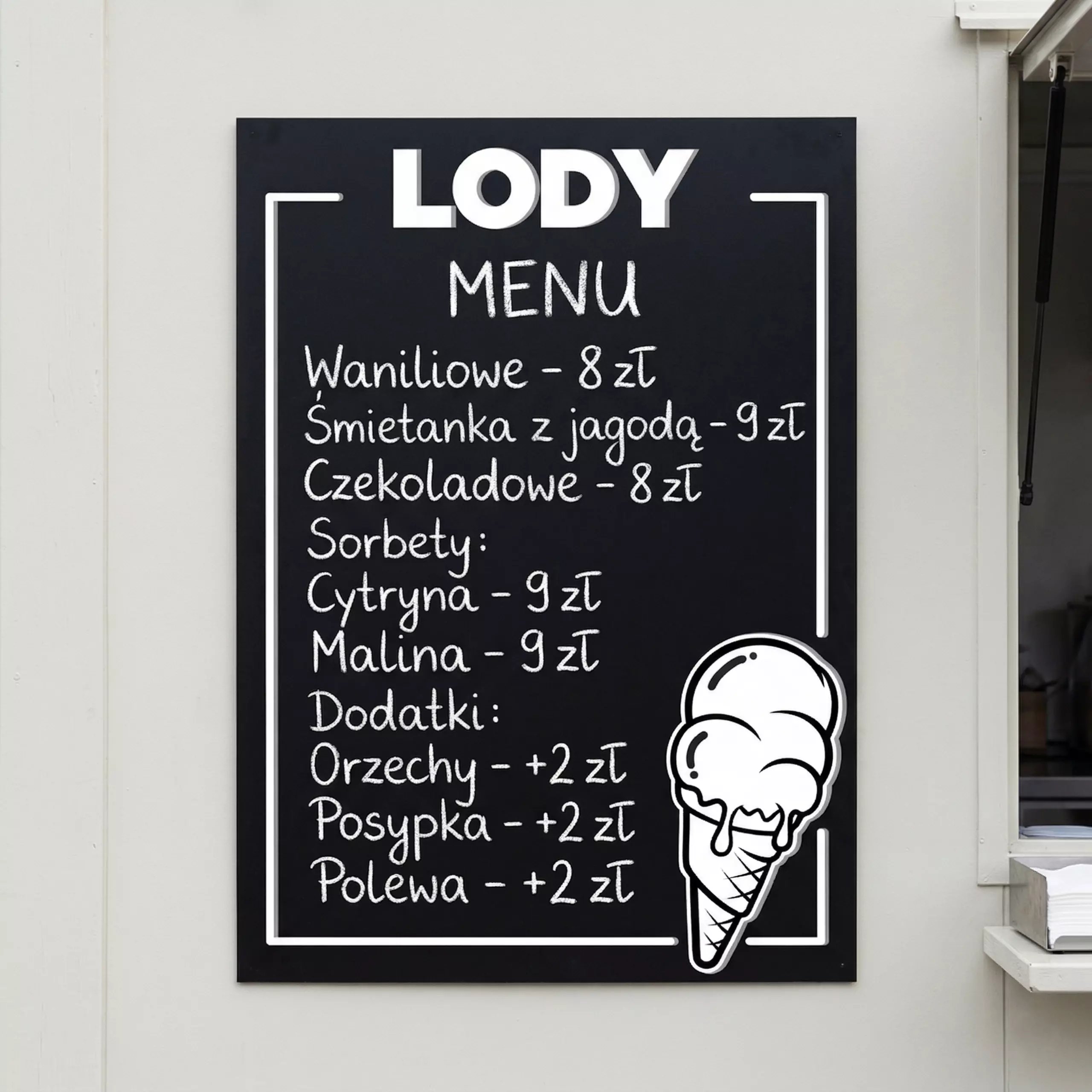 Tablica kredowa lody 104 - cennik, menu lodów do uzupełniania