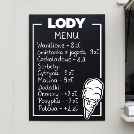 Tablica kredowa lody 104 - cennik, menu lodów do uzupełniania