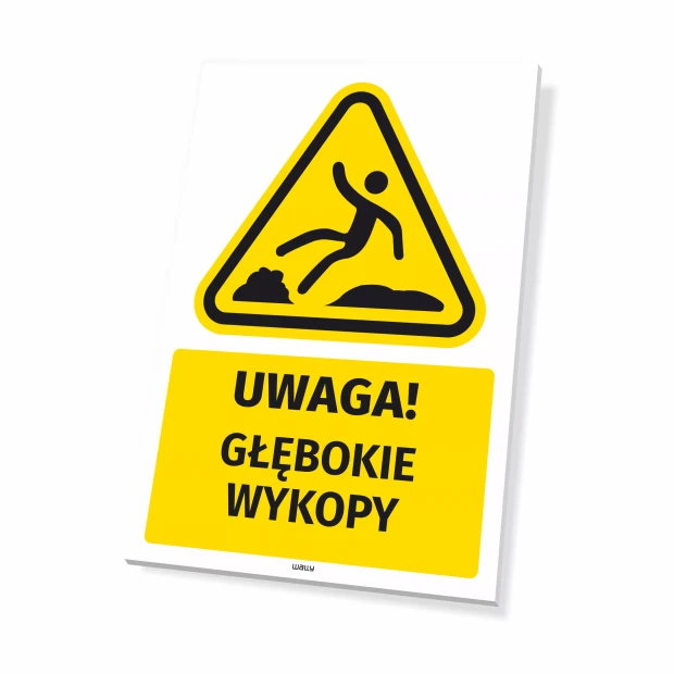 Tabliczka ostrzegawcza BHP z piktogramem Głębokie wykopy