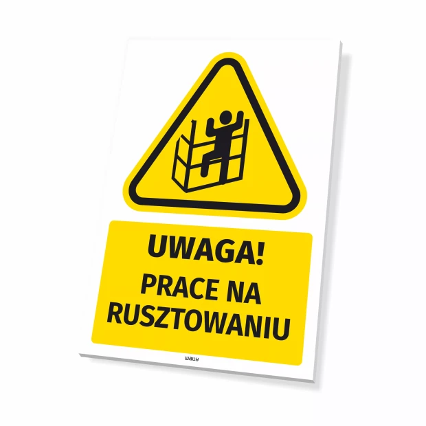 Tabliczka ostrzegawcza BHP z piktogramem Prace na rusztowaniu
