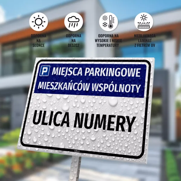 Tabliczka parkingowa dla mieszkańców wspólnoty - z nazwą i ulicą