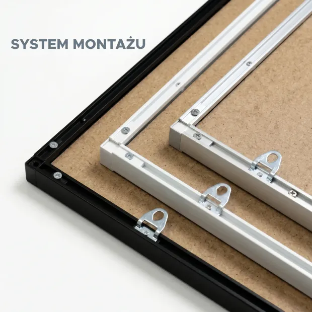 Tablica magnetyczna w ramie aluminiowej w zbliżeniu na system montażu z tyłu ramy