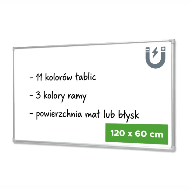 Infografika na tablicy magnetycznej suchościeralnej w ramie aluminiowej opisująca dostępne warianty i wymiar