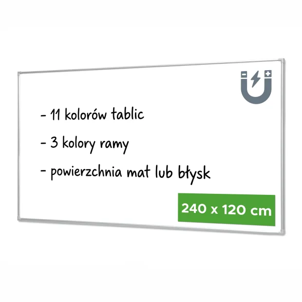 Infografika tablicy magnetycznej w ramie aluminiowej z opisem wariantów kolorystycznych i wykończenia powierzchni