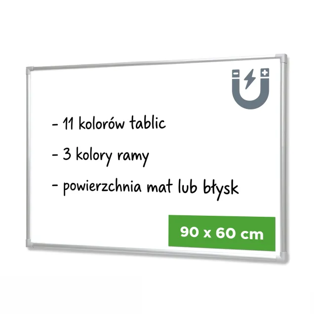 Tablica magnetyczna suchościeralna w ramie aluminiowej z infografiką o wariantach i wymiarze 90x60 cm