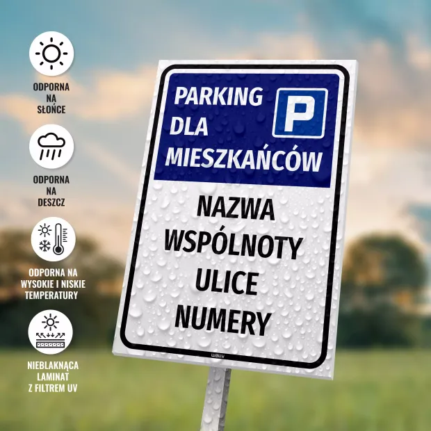 Tabliczka parkingowa dla wspólnoty mieszkaniowej - nazwa, ulice, numery