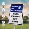 Tabliczka: parking dla mieszkańców z nazwą wspólnoty mieszkaniowej, ulicami, numerami