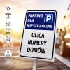 Tabliczka: parking dla mieszkańców z nazwą wspólnoty mieszkaniowej, ulicami, numerami