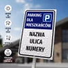 Tabliczka: parking dla mieszkańców z nazwą wspólnoty mieszkaniowej, ulicami, numerami
