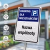 Tabliczka: parking dla mieszkańców z nazwą wspólnoty mieszkaniowej, ulicami, numerami