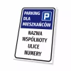 Tabliczka: parking dla mieszkańców z nazwą wspólnoty mieszkaniowej, ulicami, numerami