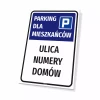 Tabliczka: parking dla mieszkańców z nazwą wspólnoty mieszkaniowej, ulicami, numerami