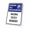 Tabliczka: parking dla mieszkańców z nazwą wspólnoty mieszkaniowej, ulicami, numerami