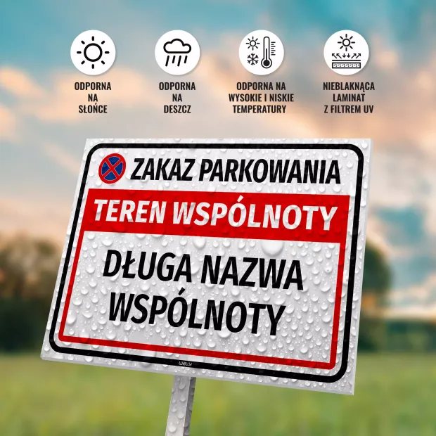 Tabliczka Zakaz parkowania - teren wspólnoty, z nazwą i oznaczeniem