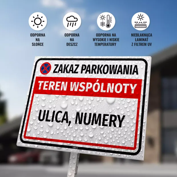 Tabliczka Zakaz parkowania - teren wspólnoty, z nazwą i oznaczeniem