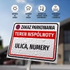 Tabliczka: Zakaz parkowania, teren wspólnoty, z nazwą, oznaczeniem